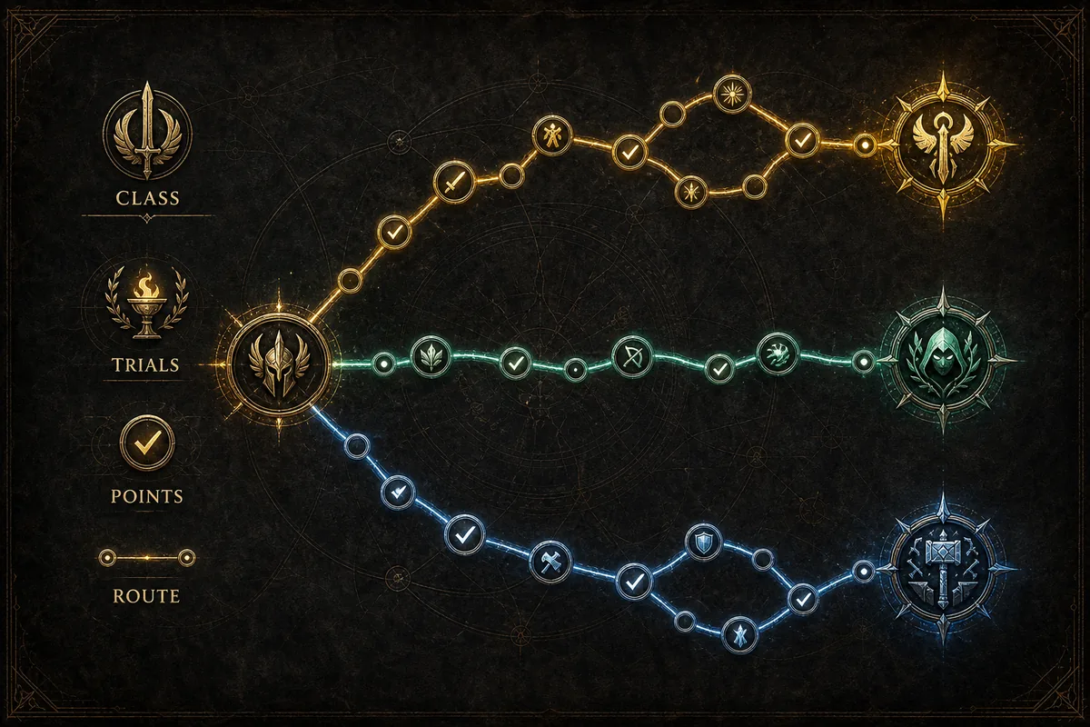 Non-official editorial diagram showing a PoE2 class route branching into ascendancy paths, trial checks, points, and passive route choices