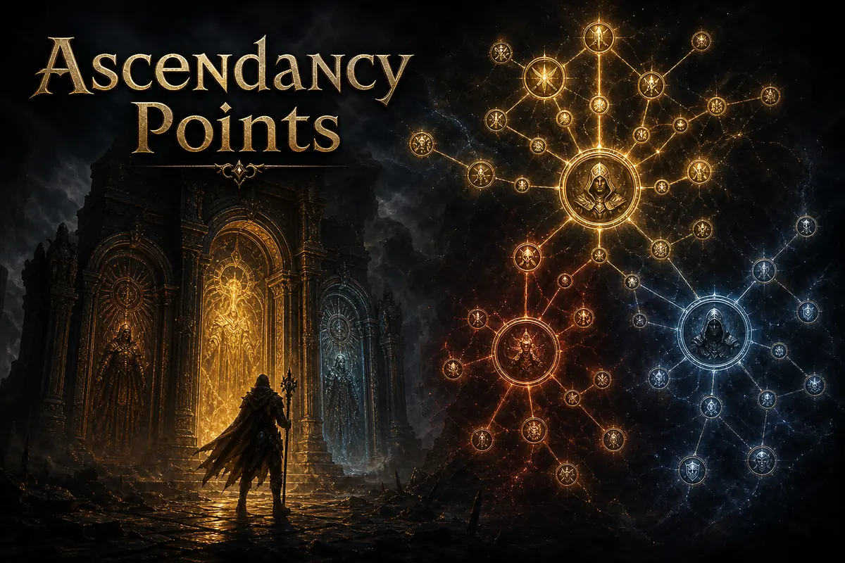 Editorial illustration of PoE2 ascendancy trial gates and a branching ascendancy tree