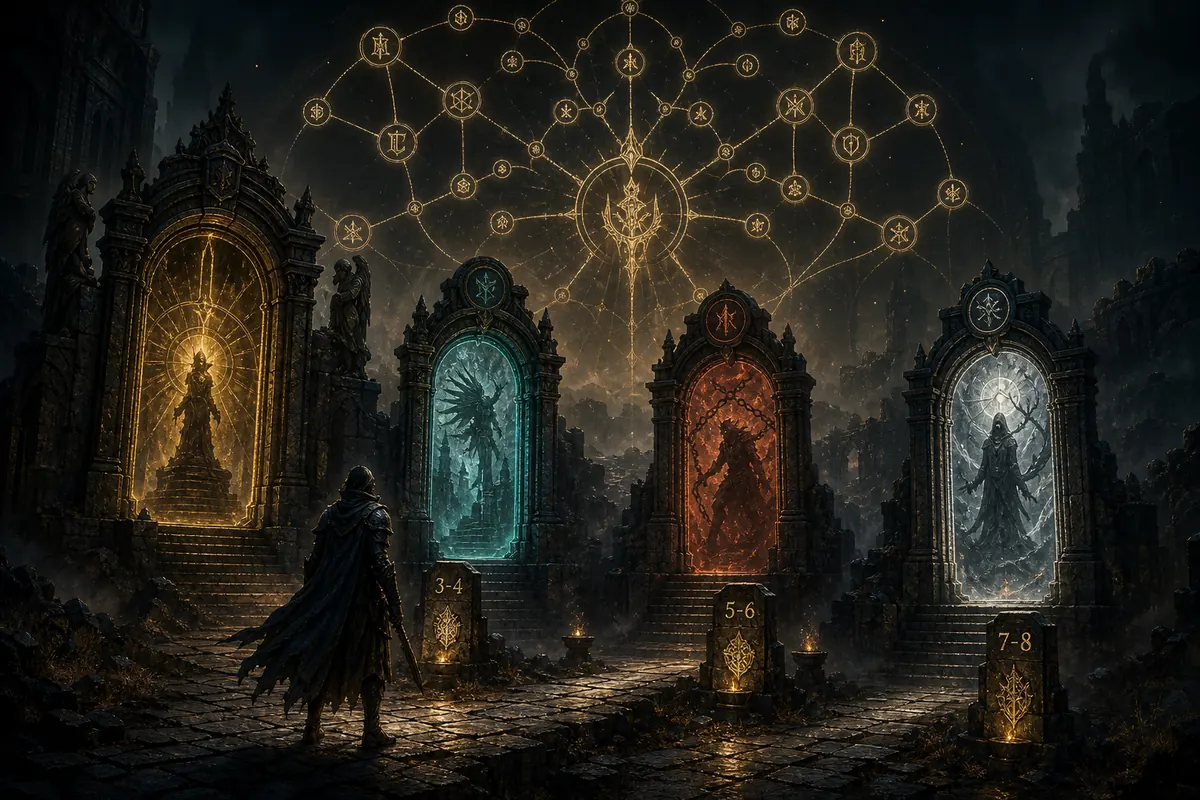 Editorial illustration of PoE2 trial gates labeled by ascendancy point tiers