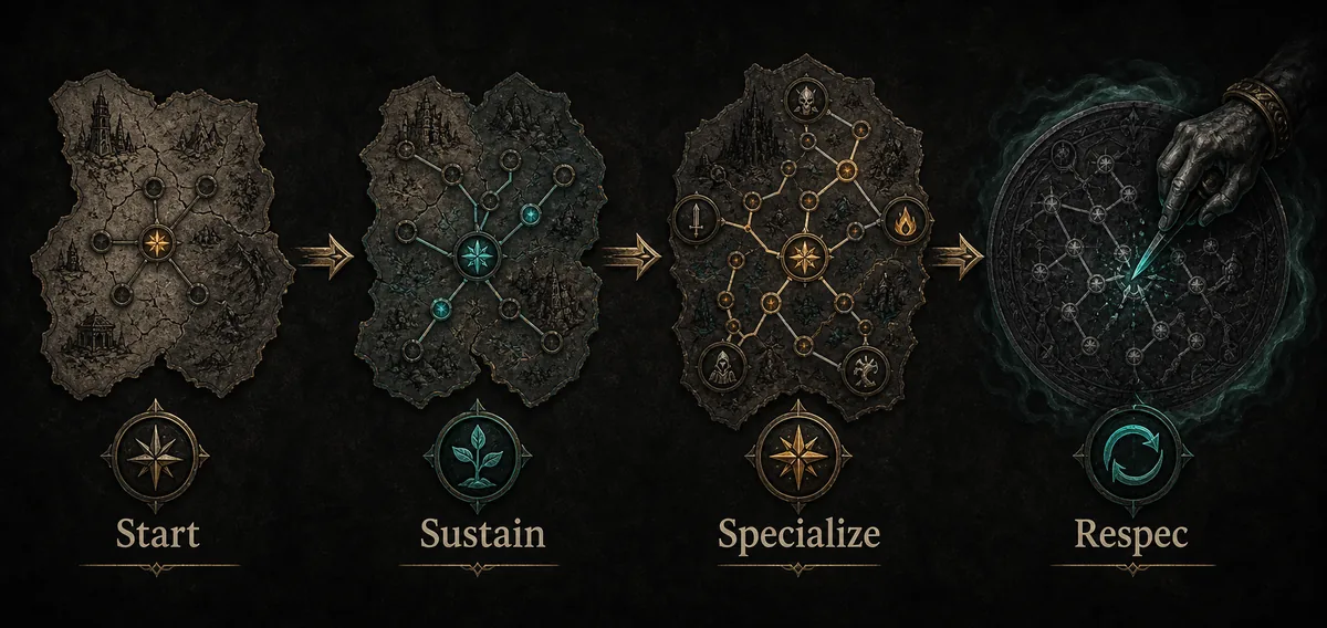 Illustrated four-step PoE2 Atlas route flow from start to sustain, specialization, and respec