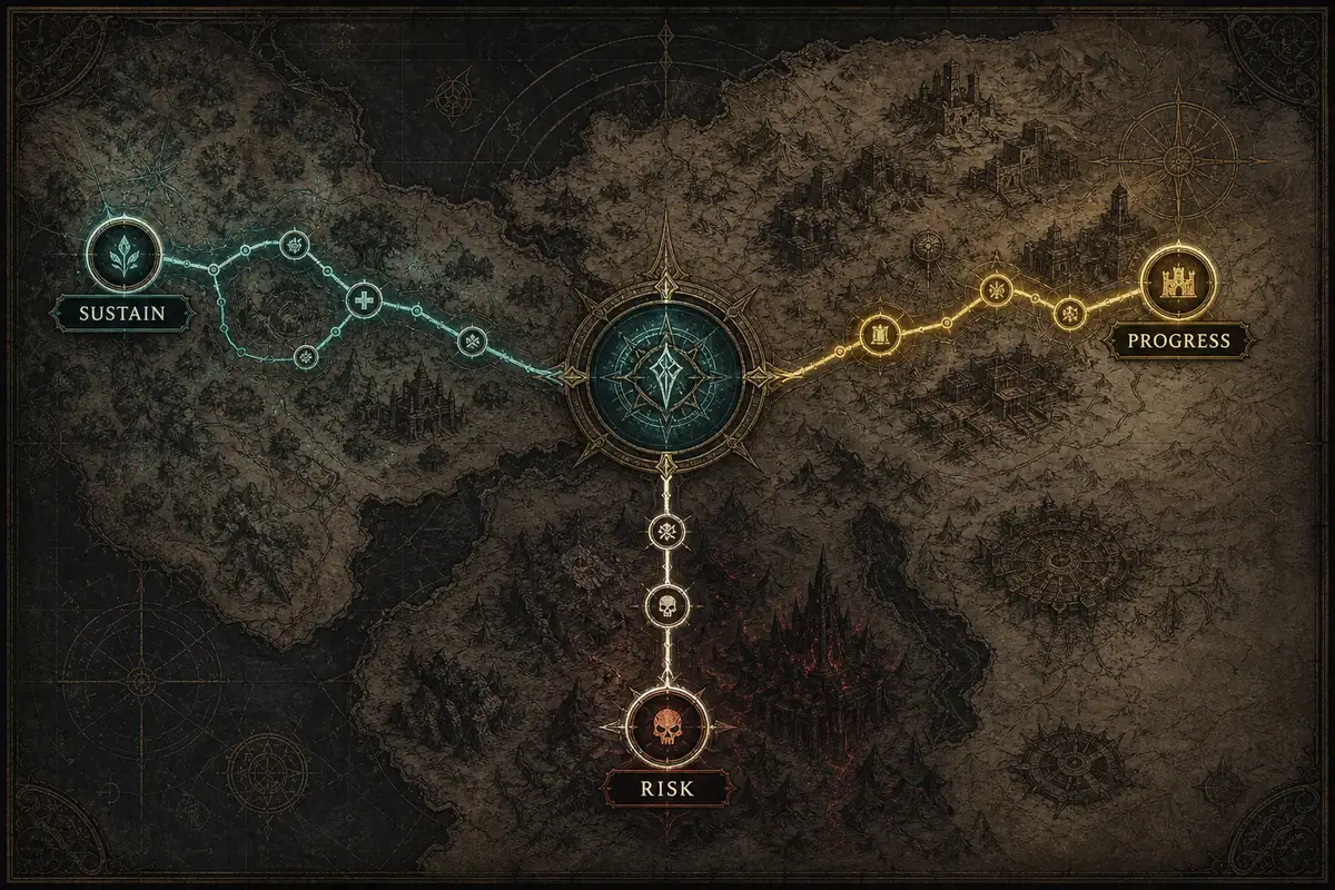 Illustration of a PoE2 Atlas planning map branching into sustain, progress, and risk routes