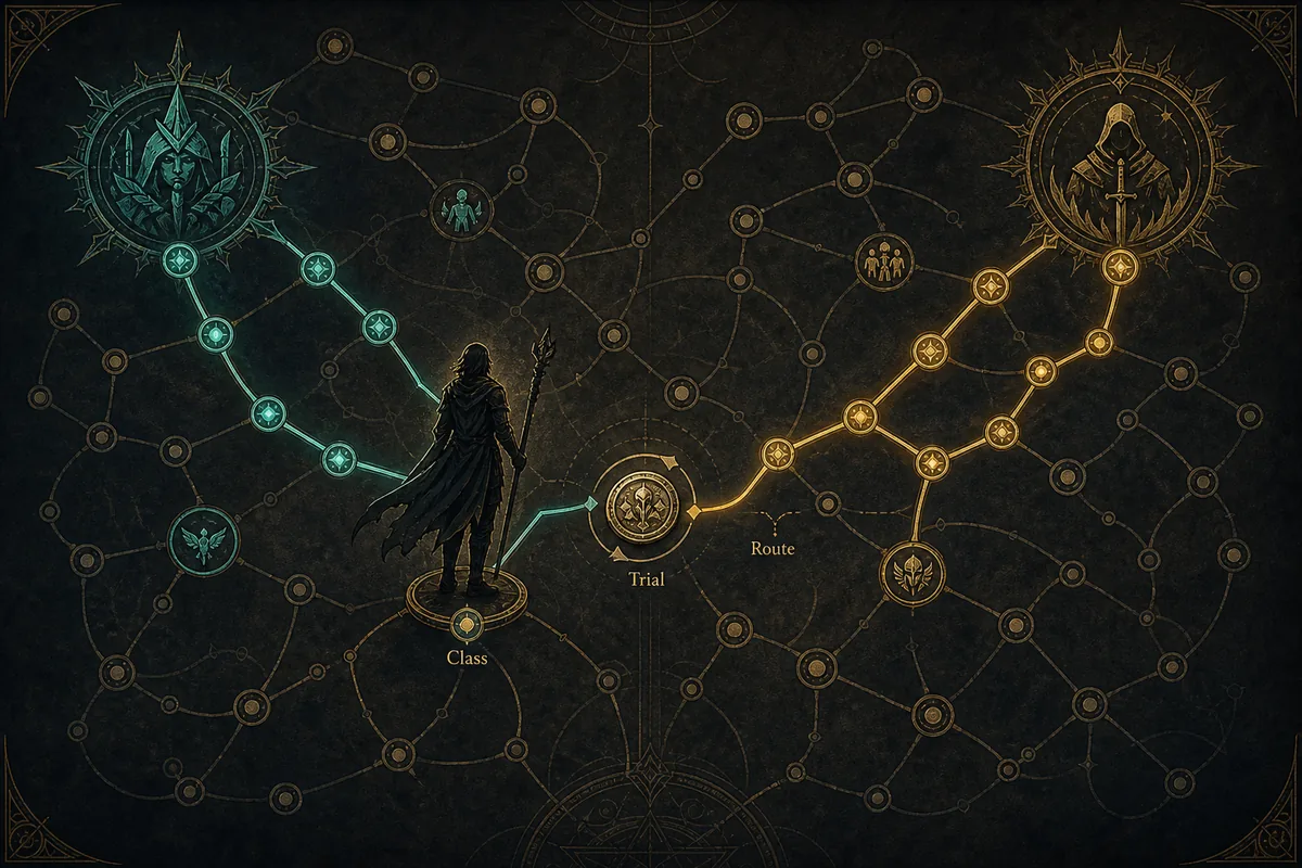 Editorial illustration of a PoE2 character choosing between ascendancy routes on a passive tree