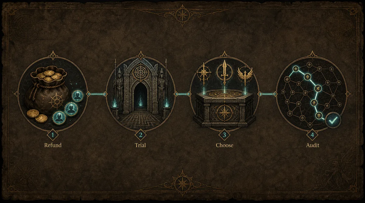 Editorial workflow showing refund, trial, choose, and audit steps for changing ascendancy in PoE2