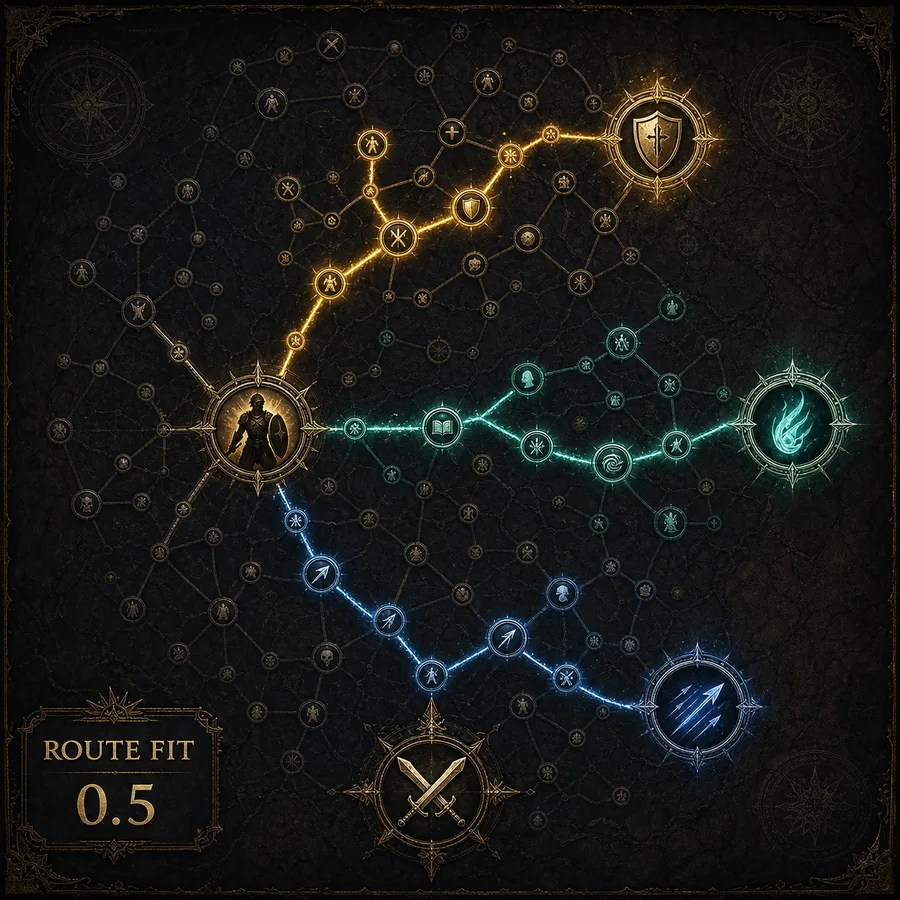 Editorial PoE2 route-fit tier illustration showing a class start branching into ascendancy, passive route, and point checks
