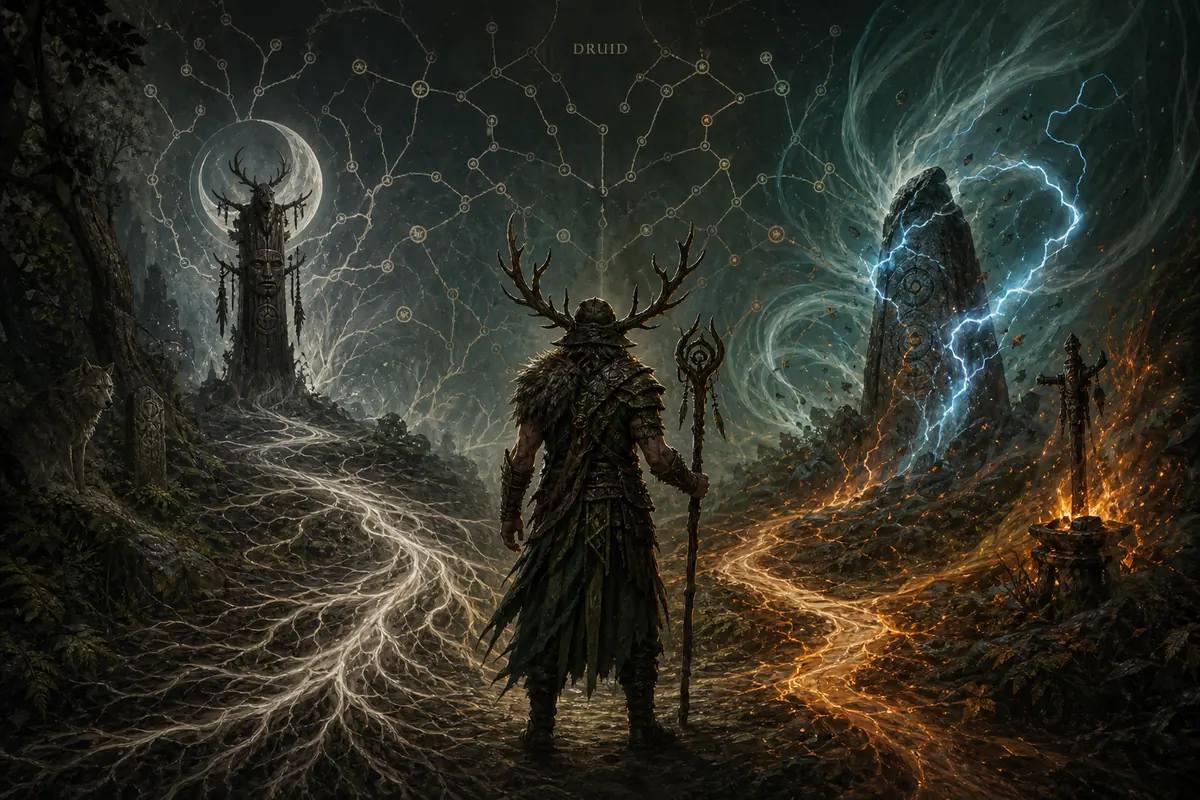 Editorial fantasy illustration of a Druid facing two branching passive routes