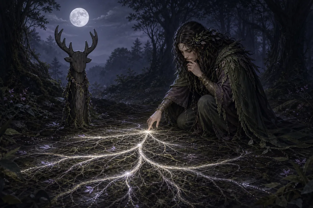Editorial concept illustration of an Oracle tracing branching paths across roots