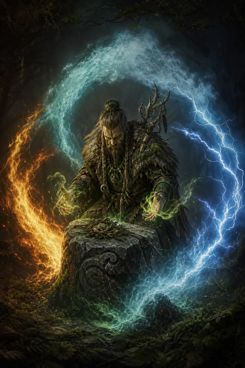 Editorial concept illustration of a Shaman surrounded by fire, water, and lightning
