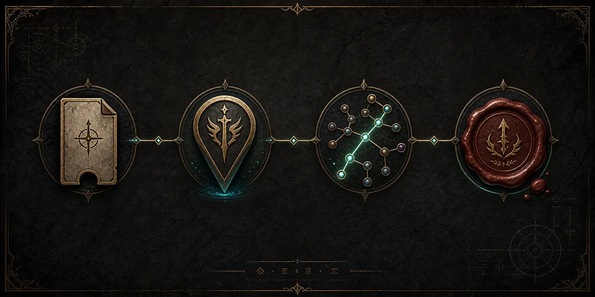 Conceptual PoE2 build import workflow from file to class check, passive route review, and fresh export