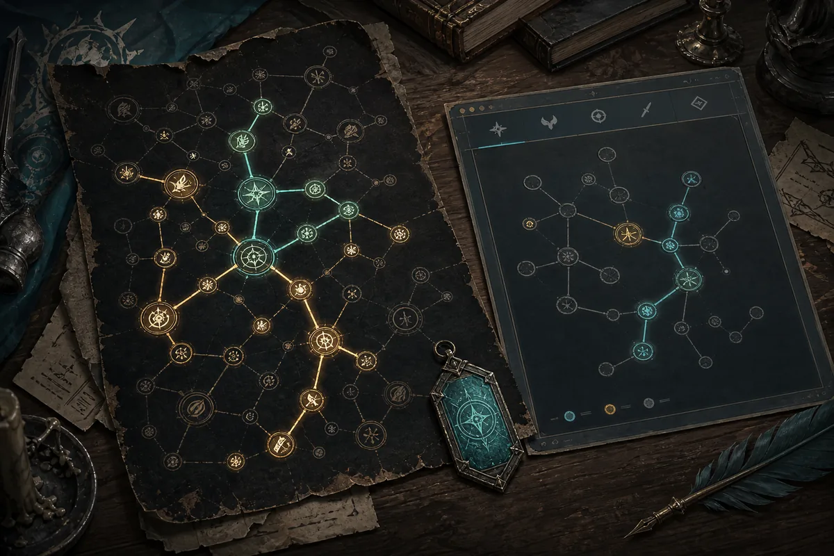 Concept image of a PoE2 build file being checked against a passive tree route