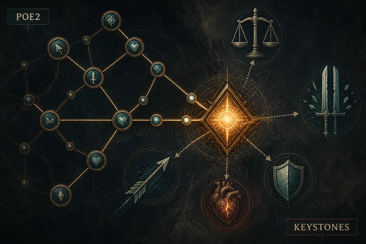 Editorial illustration of a PoE2 passive tree route converging on a keystone with damage, defense, and resource tradeoffs