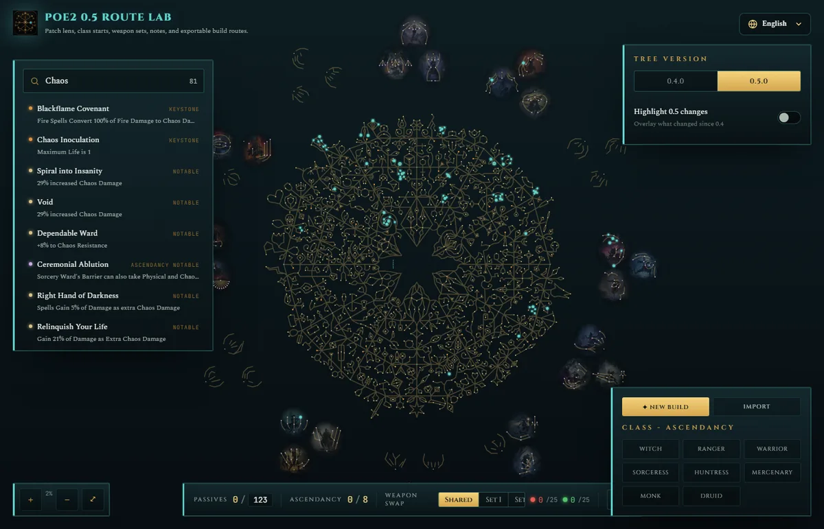 First-party Route Lab search results for PoE2 keystone nodes