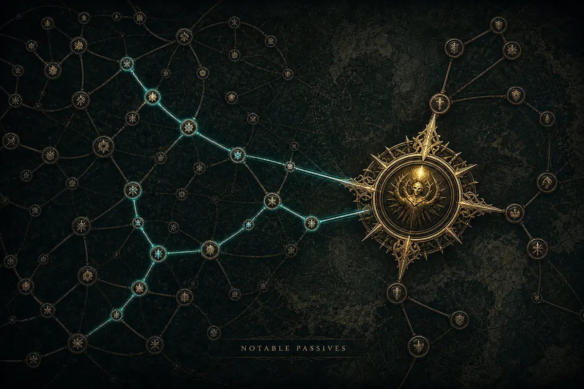 Editorial concept showing a branching PoE2 passive route converging on one highlighted notable node