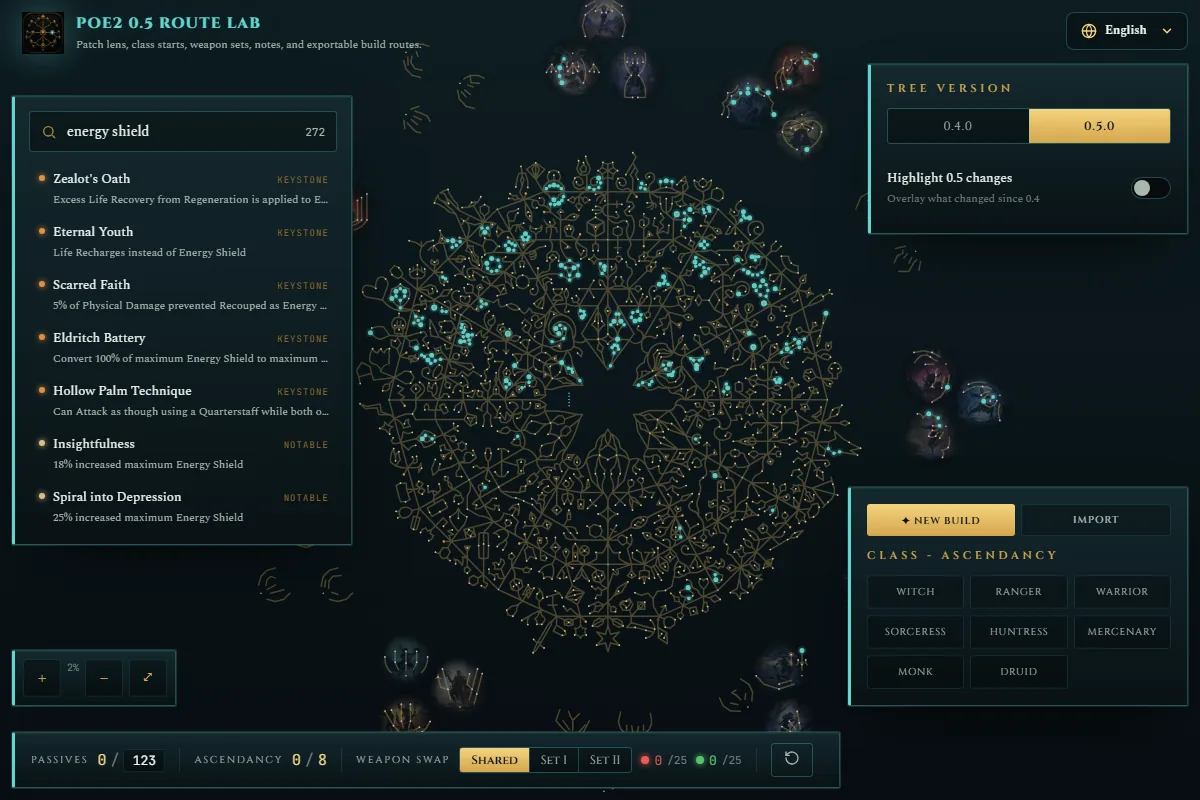 Route Lab search results highlighting notable passive candidates in the current PoE2 tree
