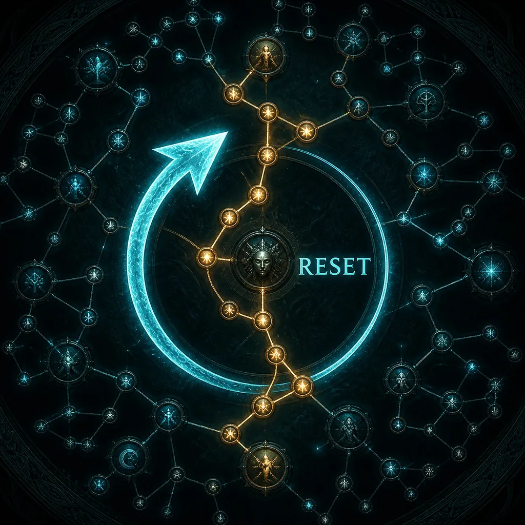 Editorial illustration of a PoE2 passive skill tree with a glowing reset arrow around a character route