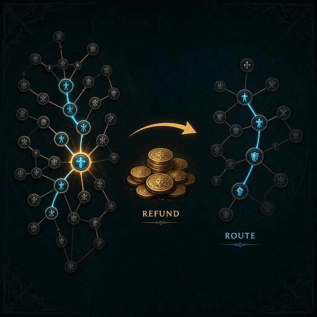 Editorial diagram showing a PoE2 passive branch, gold refund cost, and a rebuilt route