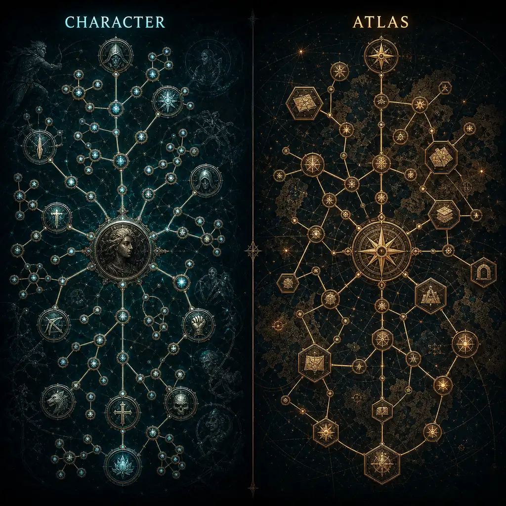 Editorial comparison of the PoE2 character passive tree and the separate Atlas passive tree