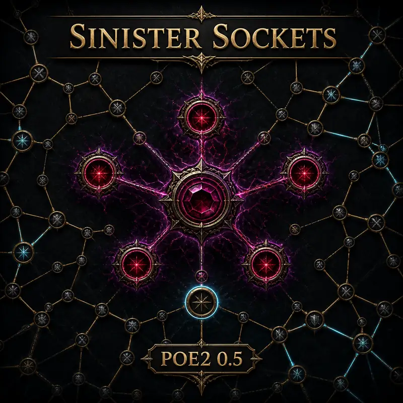 Editorial illustration of a crimson Sinister Jewel Socket cluster inside a PoE2 passive-tree network