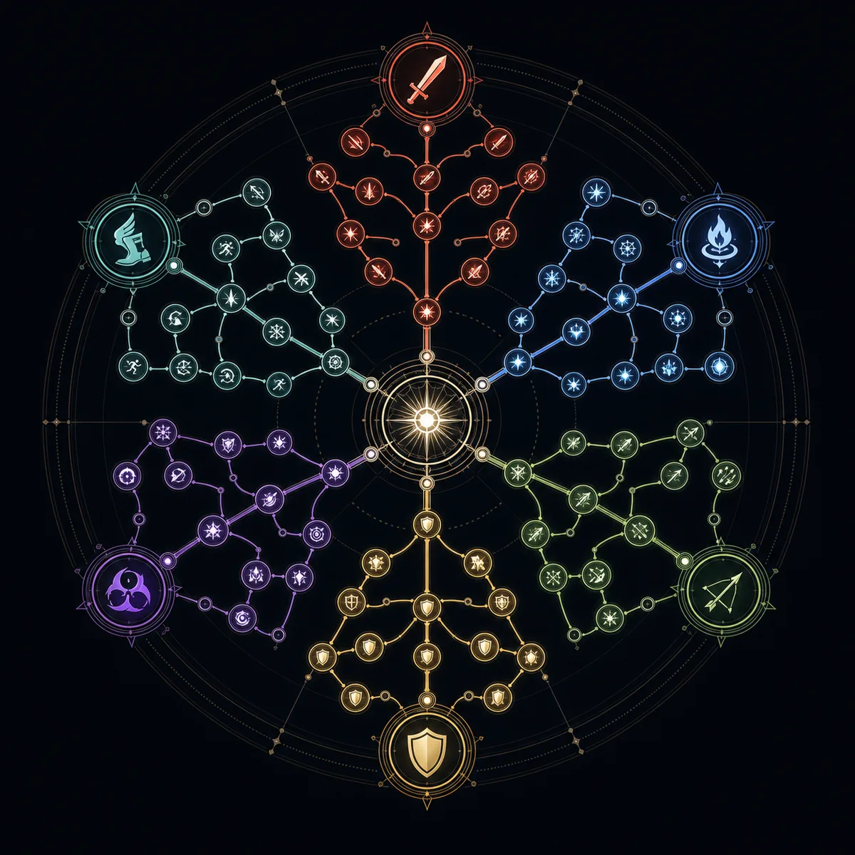 Editorial map showing six shared PoE2 skill tree start regions and branching paths