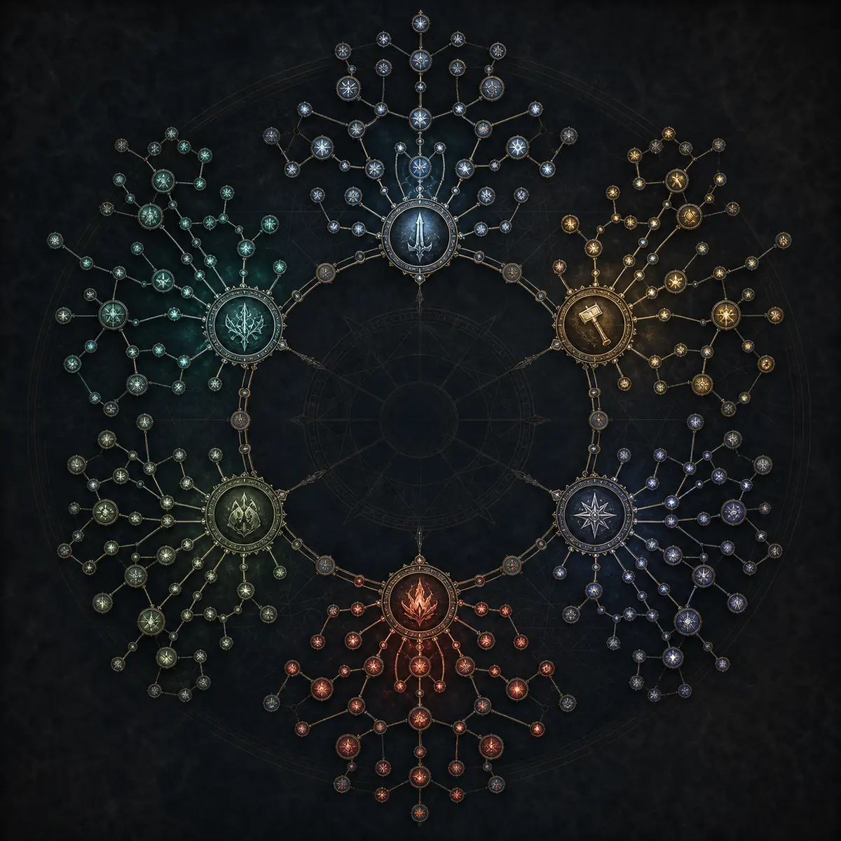 Concept illustration of six colored starting regions around a PoE2 passive skill tree