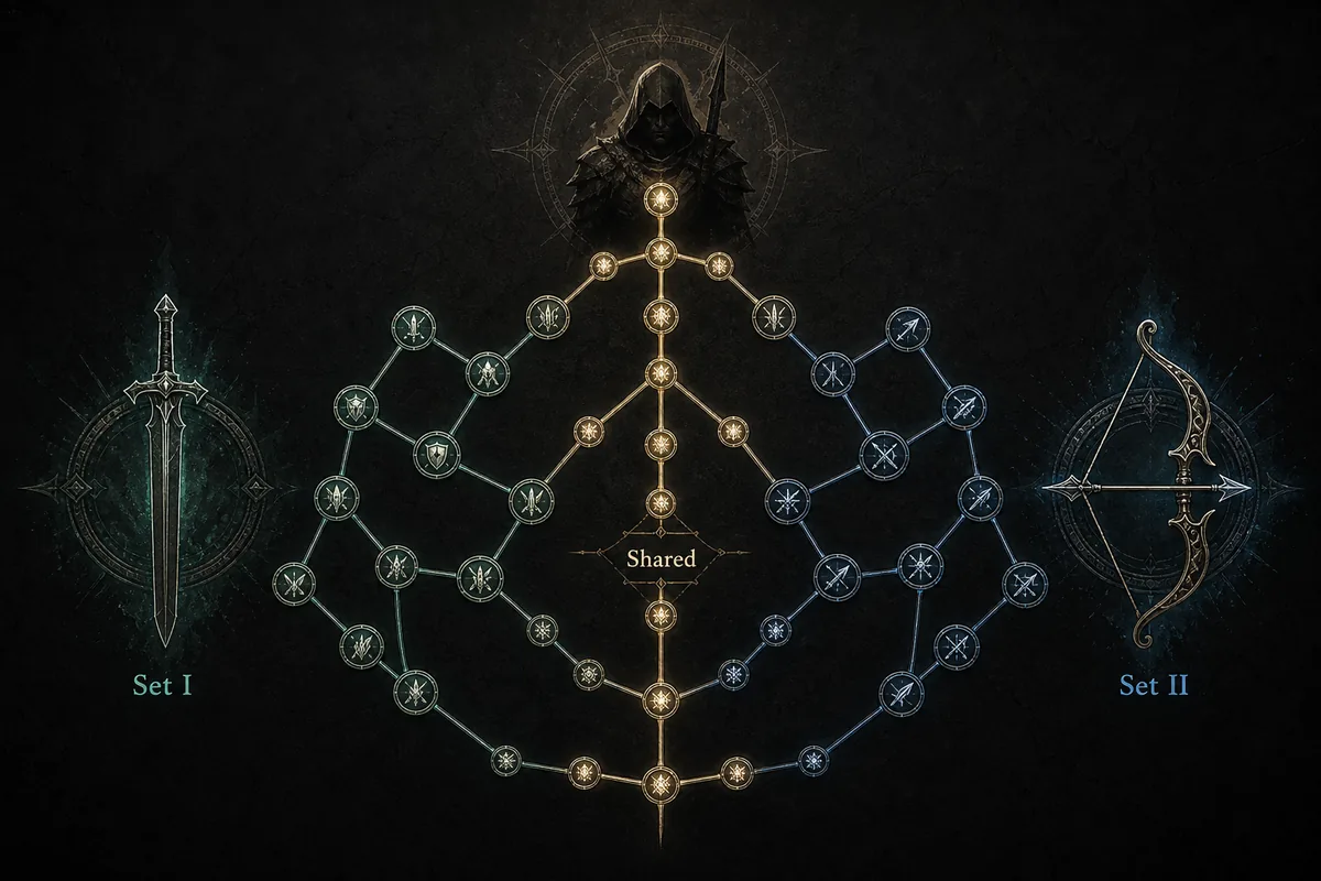 Non-official PoE2 weapon set planning diagram showing a shared passive route splitting into Set I and Set II branches