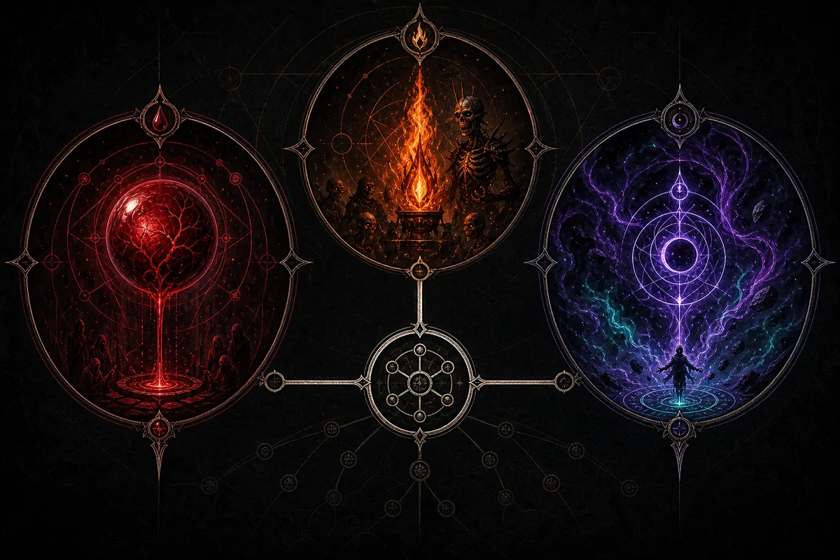 Editorial comparison graphic for Blood Mage, Infernalist, and Lich style Witch ascendancy decisions